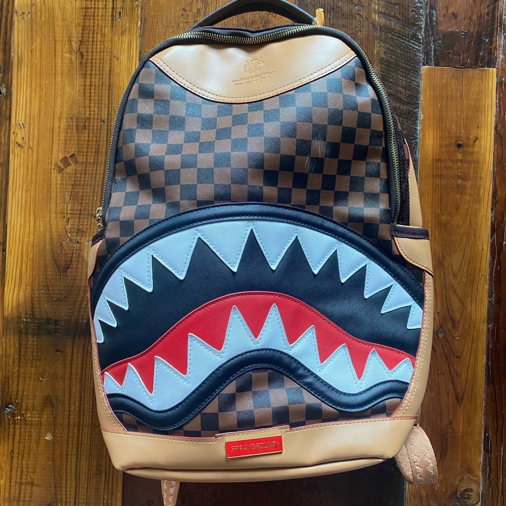 Sprayground Shark in Paris Brown Checkered Monogram Backpack